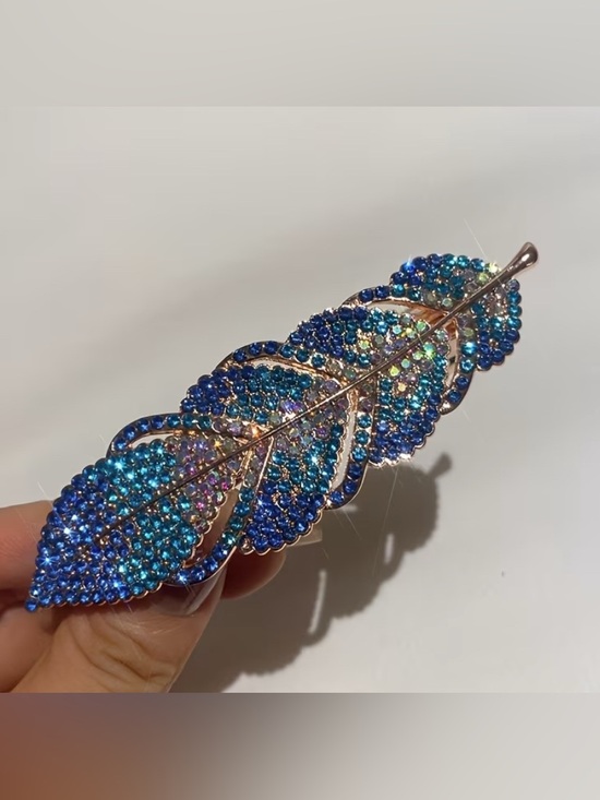 None Accessories - Blue Rhinestone Feather Hair Clip - Elegant Women’s Accessory